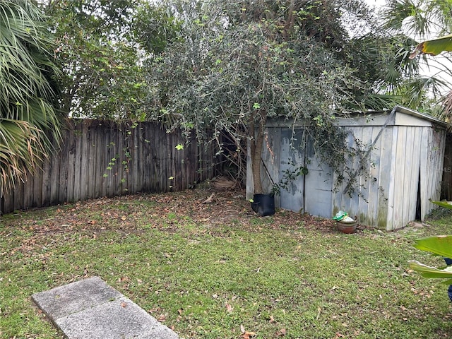 view of yard featuring a storage unit