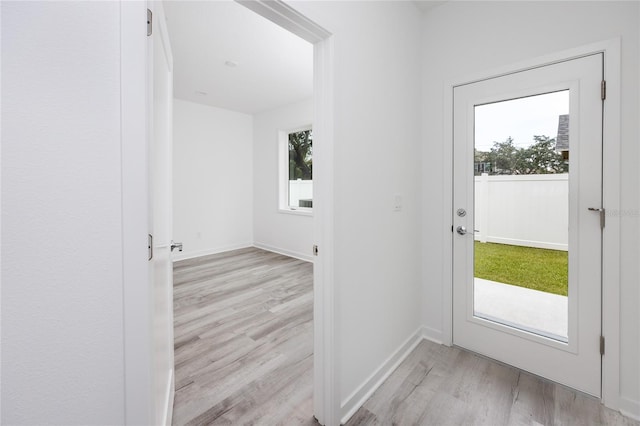 doorway to outside featuring a wealth of natural light and light hardwood / wood-style floors