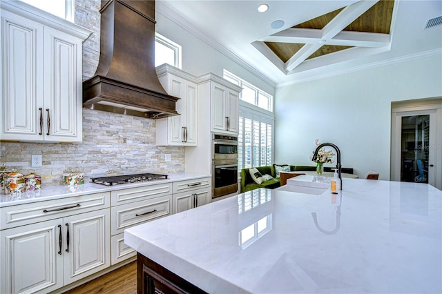 kitchen with sink, tasteful backsplash, white cabinets, custom exhaust hood, and appliances with stainless steel finishes