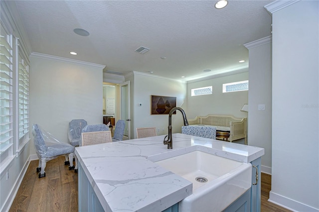 interior space with wood-type flooring, a textured ceiling, ornamental molding, and sink