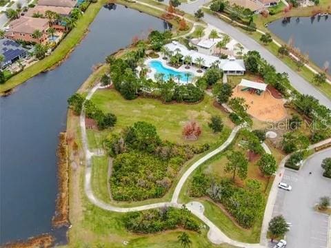 drone / aerial view featuring a water view