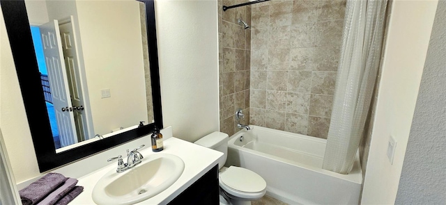 full bathroom with vanity, shower / bathtub combination with curtain, and toilet