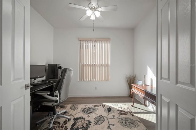 office featuring ceiling fan and dark hardwood / wood-style floors