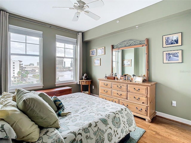 bedroom featuring light hardwood / wood-style floors and ceiling fan