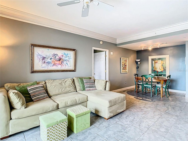 living room with ceiling fan, light tile patterned flooring, and ornamental molding