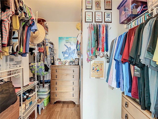 walk in closet with light hardwood / wood-style floors