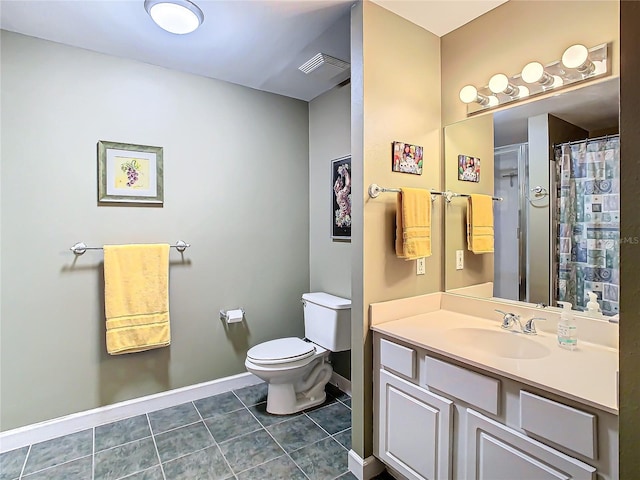 bathroom with tile patterned flooring, vanity, curtained shower, and toilet