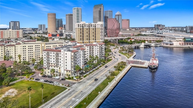 drone / aerial view featuring a water view