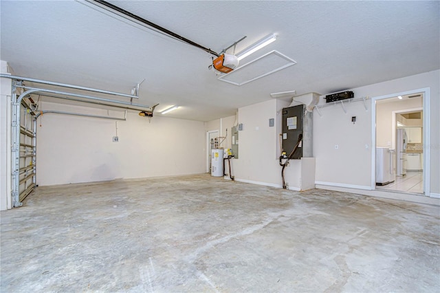 garage featuring a garage door opener, heating unit, and water heater