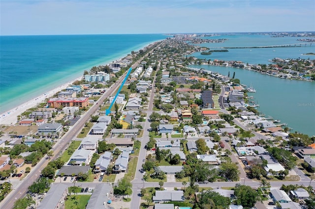 aerial view featuring a view of the beach and a water view