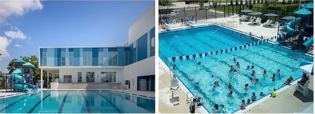 pool featuring a water slide, a patio area, and fence