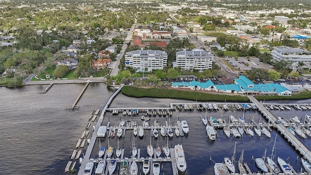 bird's eye view with a water view