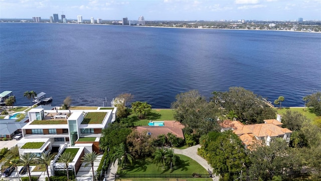 drone / aerial view featuring a water view