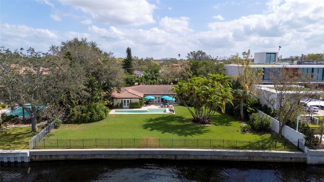 aerial view featuring a water view