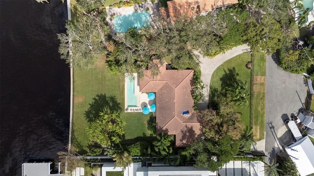 aerial view featuring a water view