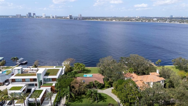 drone / aerial view featuring a water view