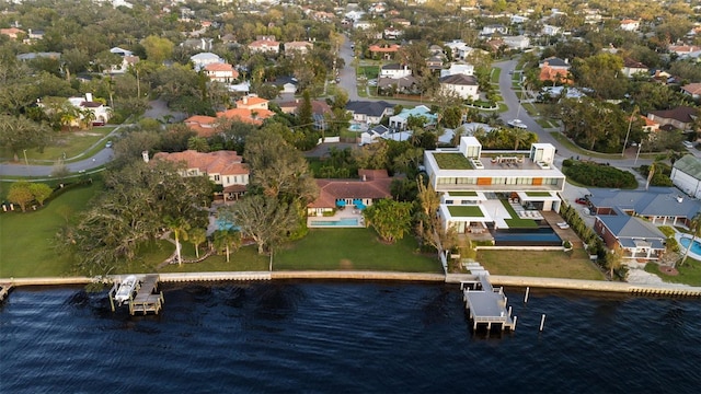 drone / aerial view featuring a water view