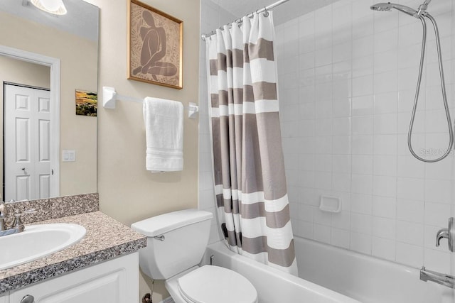 bathroom with shower / bathtub combination with curtain, toilet, and vanity