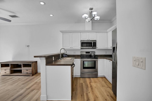 kitchen with a sink, dark countertops, white cabinetry, stainless steel appliances, and a peninsula