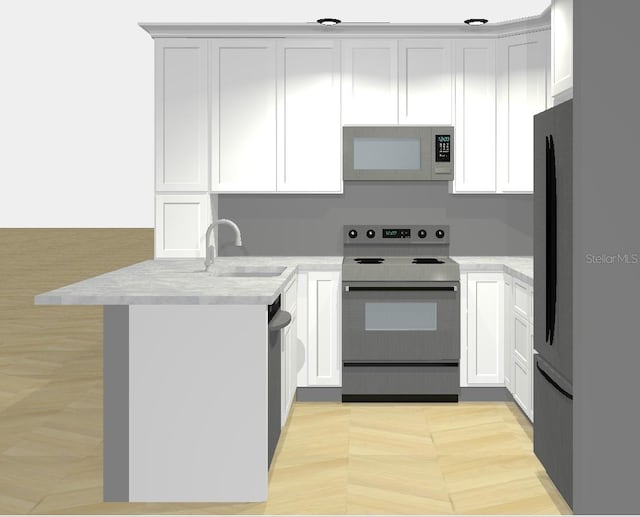 411 S Fremont Ave Unit B, Tampa, FL 33606 - kitchen featuring white microwave, range with electric stovetop, a peninsula, freestanding refrigerator, and dishwashing machine
