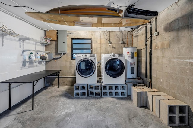 washroom featuring independent washer and dryer, electric water heater, and electric panel