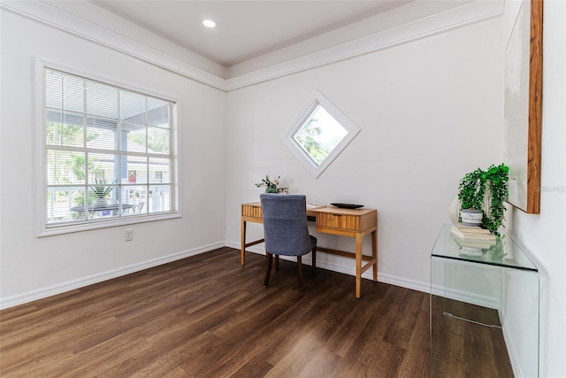 home office featuring dark hardwood / wood-style floors