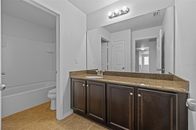 full bathroom featuring vanity, tile patterned floors, toilet, and bathtub / shower combination