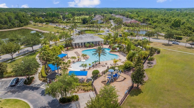 birds eye view of property featuring a water view