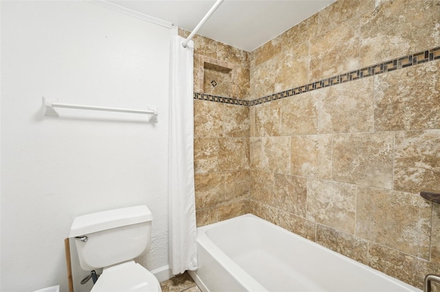 bathroom with shower / bath combination with curtain and toilet