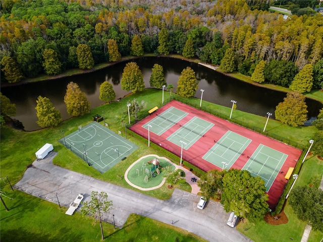 bird's eye view with a water view