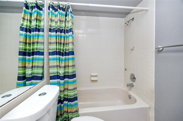 full bathroom with shower / bath combination with curtain and toilet