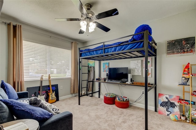 bedroom featuring carpet floors and ceiling fan