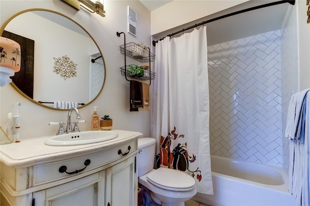 full bathroom featuring shower / bath combo with shower curtain, vanity, and toilet