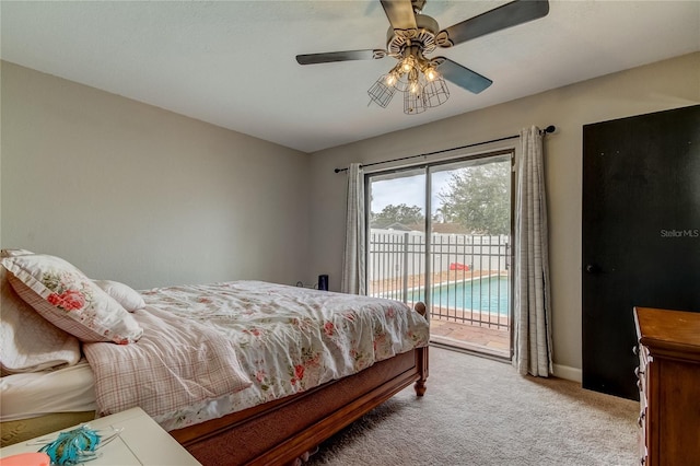 bedroom with access to exterior, ceiling fan, and light carpet