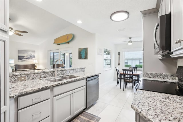 kitchen with appliances with stainless steel finishes, sink, lofted ceiling, and a healthy amount of sunlight