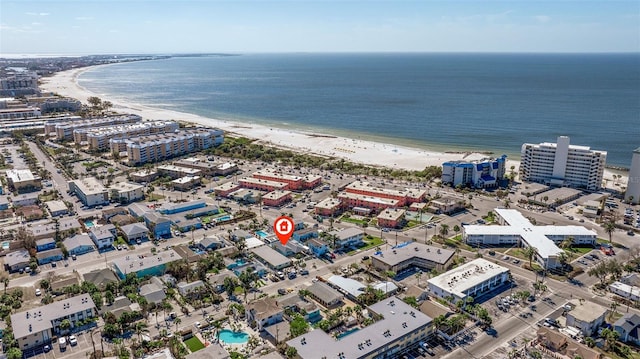 aerial view with a view of the beach and a water view