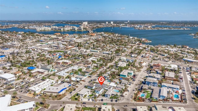 bird's eye view with a water view