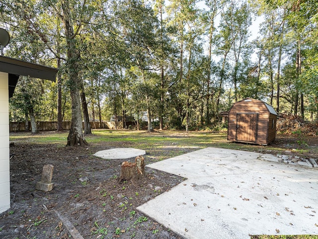 view of yard featuring a storage shed and a patio area