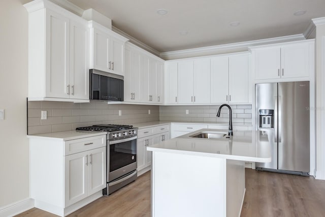 kitchen featuring sink, stainless steel appliances, and white cabinetry