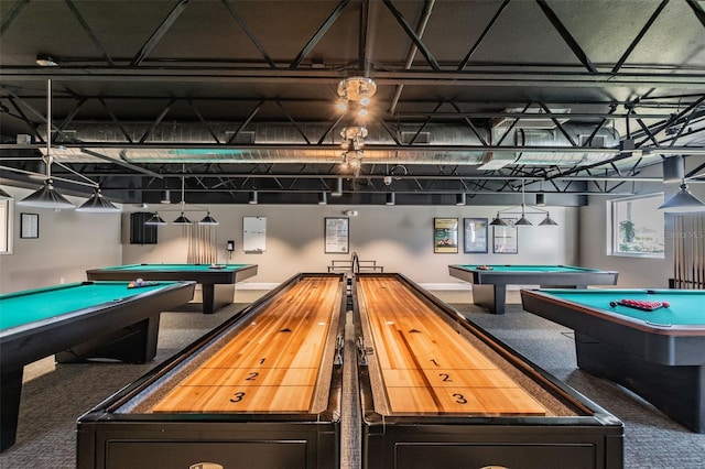 rec room featuring pool table and carpet flooring