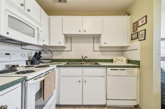 kitchen with decorative backsplash, white cabinetry, white appliances, and sink