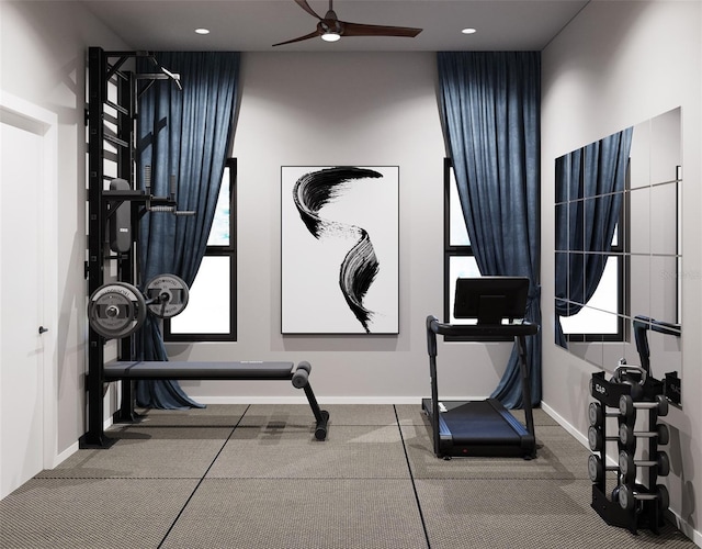 workout room featuring ceiling fan