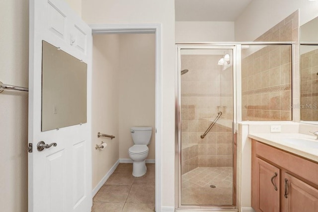 bathroom with toilet, vanity, an enclosed shower, and tile patterned flooring