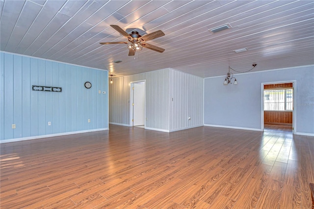 spare room with wood walls, wooden ceiling, and dark hardwood / wood-style floors