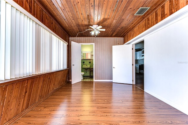 spare room featuring wooden walls, dark hardwood / wood-style floors, ceiling fan, and wooden ceiling