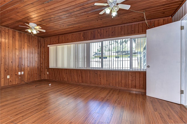 unfurnished room with hardwood / wood-style floors, ceiling fan, wooden walls, and wood ceiling