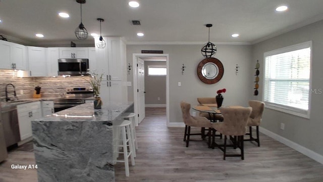 kitchen featuring decorative light fixtures, stainless steel appliances, and white cabinetry