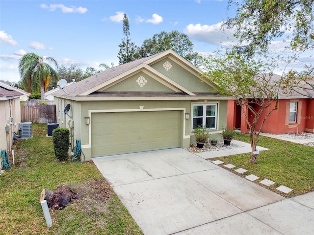 single story home featuring a front lawn, a garage, and central air condition unit