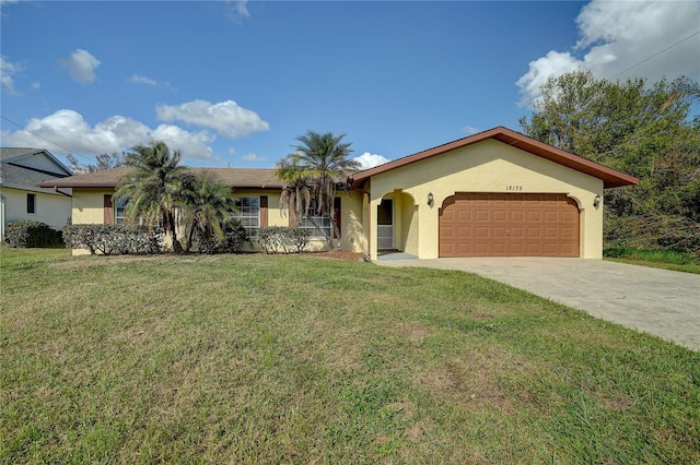 18138 Lake Worth Blvd, Port Charlotte, FL 33948 - ranch-style home with stucco siding, an attached garage, a front yard, and driveway