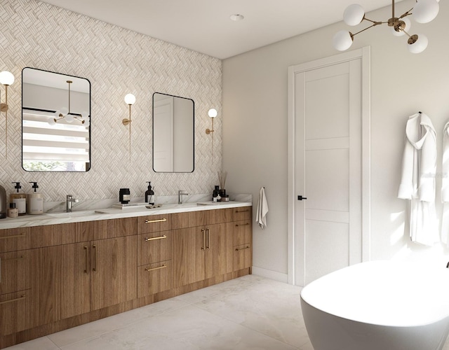 bathroom featuring tile patterned floors, vanity, a bath, and backsplash